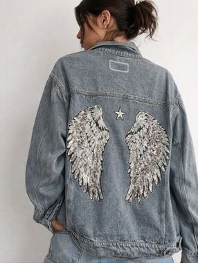 Sequin Angel Wing Denim Jacket - Gray